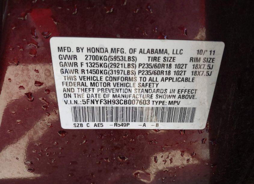 Photo 9 of 2012 Honda Pilot TOURING (VIN 5FNYF3H93CB007603)