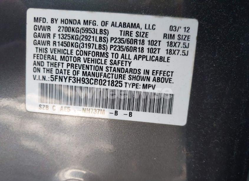Photo 9 of 2012 Honda Pilot TOURING (VIN 5FNYF3H93CB021825)