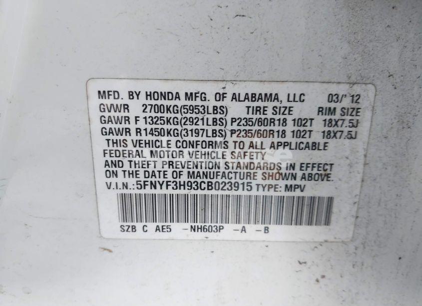 Photo 9 of 2012 Honda Pilot TOURING (VIN 5FNYF3H93CB023915)