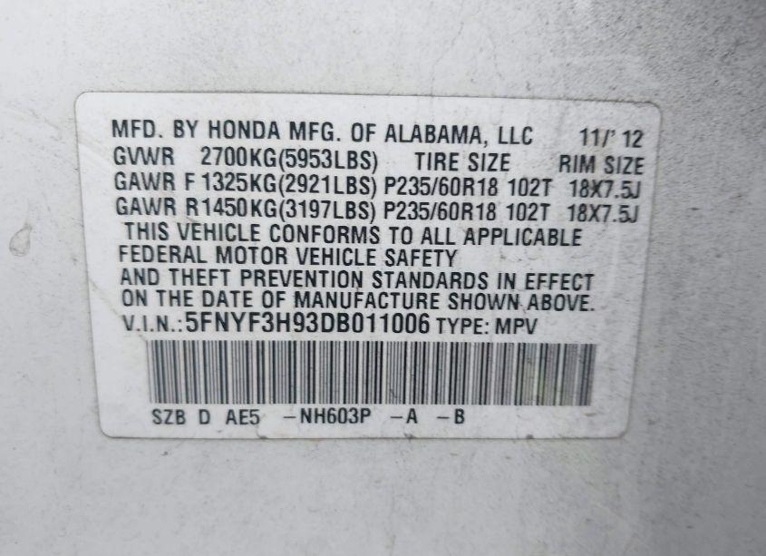 Photo 9 of 2013 Honda Pilot TOURING (VIN 5FNYF3H93DB011006)
