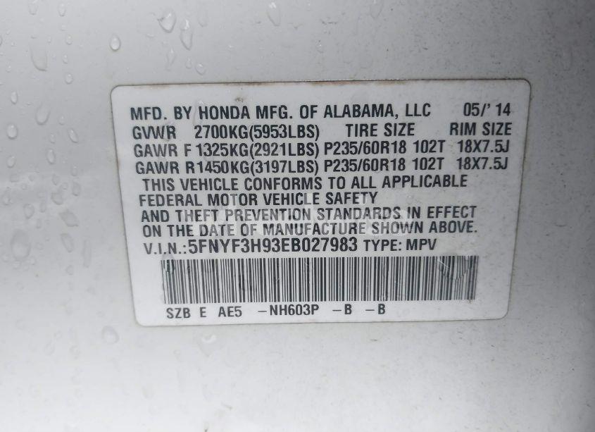 Photo 9 of 2014 Honda Pilot TOURING (VIN 5FNYF3H93EB027983)