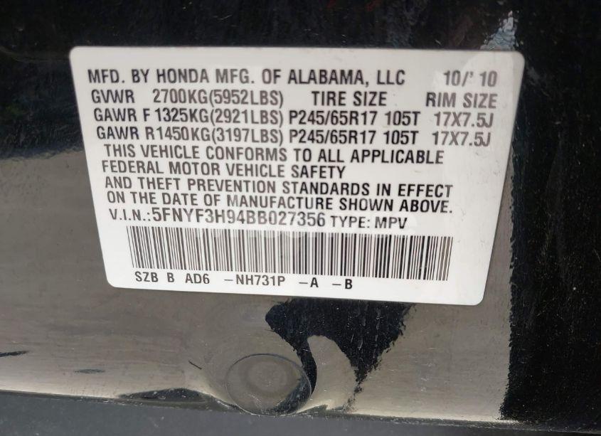 Photo 9 of 2011 Honda Pilot TOURING (VIN 5FNYF3H94BB027356)