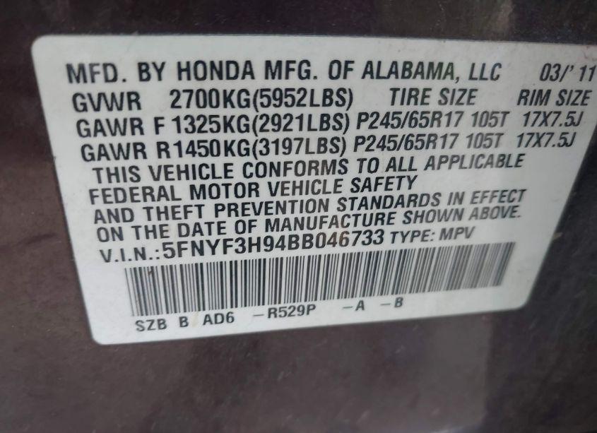 Photo 9 of 2011 Honda Pilot TOURING (VIN 5FNYF3H94BB046733)