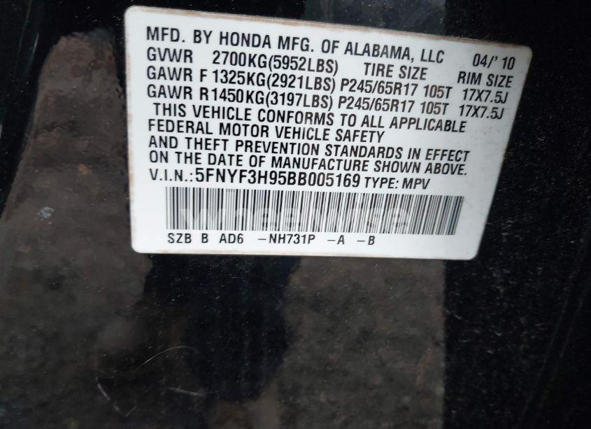 Photo 9 of 2011 Honda Pilot TOURING (VIN 5FNYF3H95BB005169)