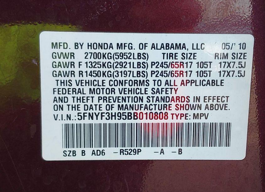 Photo 9 of 2011 Honda Pilot TOURING (VIN 5FNYF3H95BB010808)