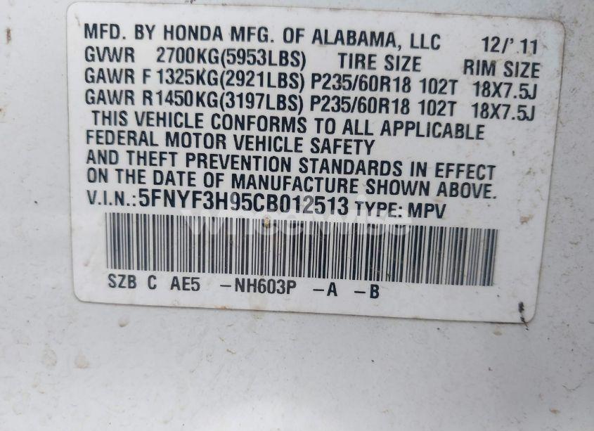 Photo 9 of 2012 Honda Pilot TOURING (VIN 5FNYF3H95CB012513)