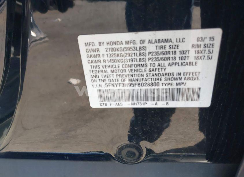 Photo 9 of 2015 Honda Pilot TOURING (VIN 5FNYF3H95FB028800)