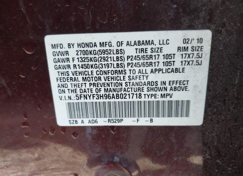 Photo 9 of 2010 Honda Pilot TOURING (VIN 5FNYF3H96AB021718)