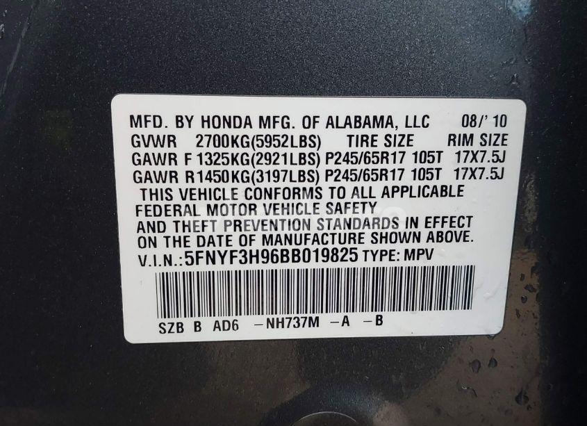 Photo 9 of 2011 Honda Pilot TOURING (VIN 5FNYF3H96BB019825)