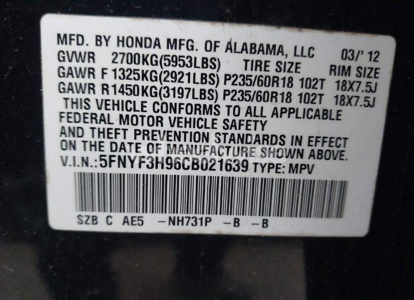 Photo 9 of 2012 Honda Pilot TOURING (VIN 5FNYF3H96CB021639)