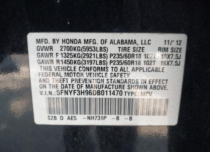 Photo 9 of 2013 Honda Pilot TOURING (VIN 5FNYF3H96DB011470)