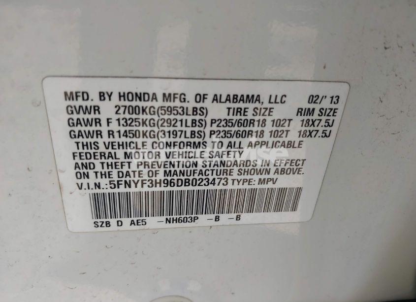 Photo 9 of 2013 Honda Pilot TOURING (VIN 5FNYF3H96DB023473)