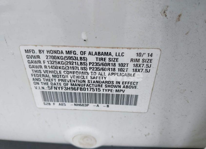 Photo 9 of 2015 Honda Pilot TOURING (VIN 5FNYF3H96FB017515)