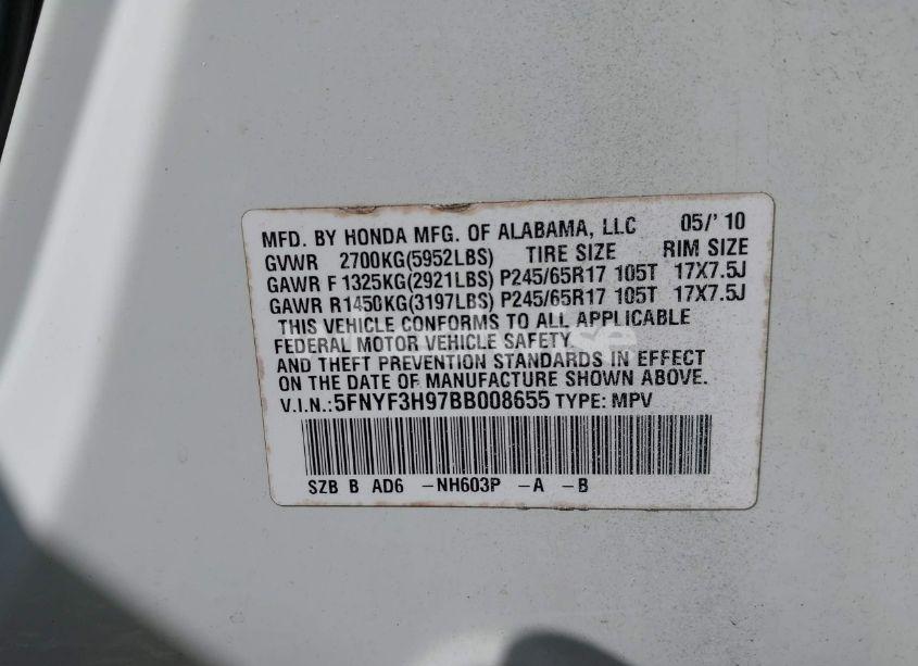 Photo 9 of 2011 Honda Pilot TOURING (VIN 5FNYF3H97BB008655)