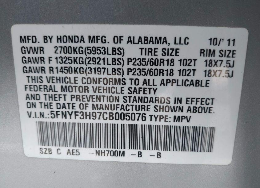 Photo 9 of 2012 Honda Pilot TOURING (VIN 5FNYF3H97CB005076)