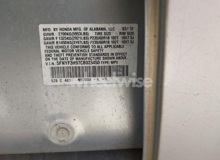 Photo 9 of 2012 Honda Pilot TOURING (VIN 5FNYF3H97CB023450)