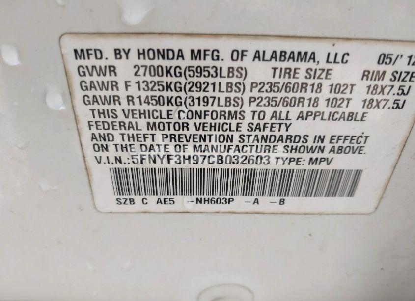 Photo 9 of 2012 Honda Pilot TOURING (VIN 5FNYF3H97CB032603)