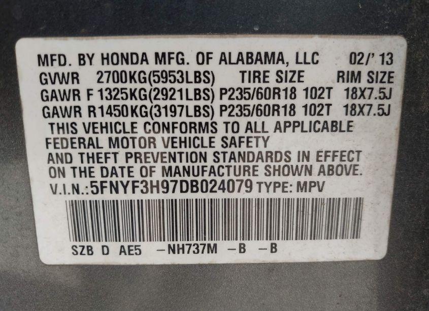 Photo 9 of 2013 Honda Pilot TOURING (VIN 5FNYF3H97DB024079)