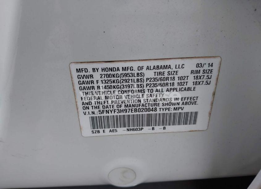 Photo 9 of 2014 Honda Pilot TOURING (VIN 5FNYF3H97EB020048)