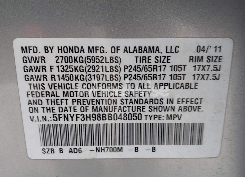 Photo 9 of 2011 Honda Pilot TOURING (VIN 5FNYF3H98BB048050)