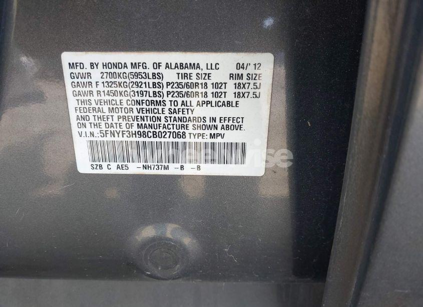 Photo 9 of 2012 Honda Pilot TOURING (VIN 5FNYF3H98CB027068)