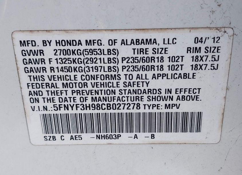 Photo 9 of 2012 Honda Pilot TOURING (VIN 5FNYF3H98CB027278)