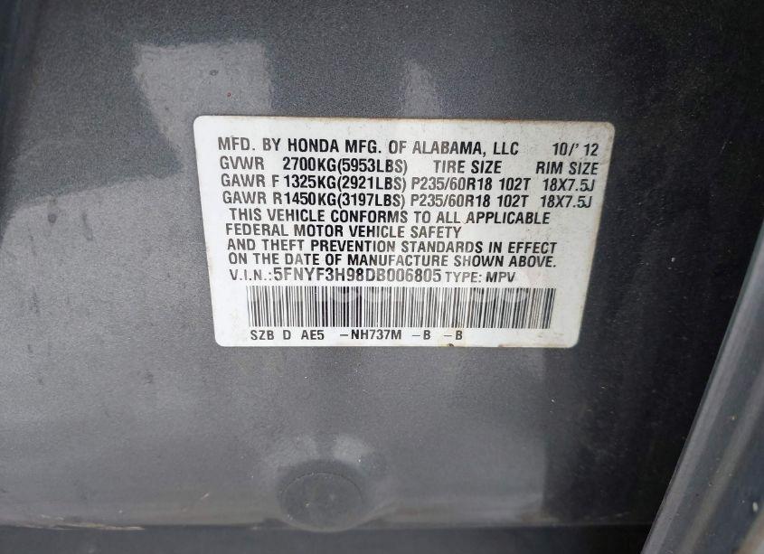 Photo 9 of 2013 Honda Pilot TOURING (VIN 5FNYF3H98DB006805)