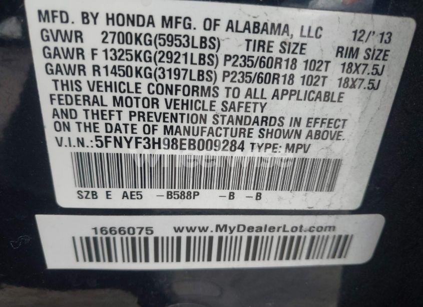 Photo 9 of 2014 Honda Pilot TOURING (VIN 5FNYF3H98EB009284)