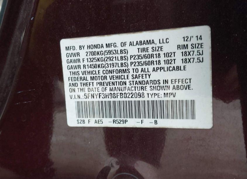 Photo 9 of 2015 Honda Pilot TOURING (VIN 5FNYF3H98FB022098)