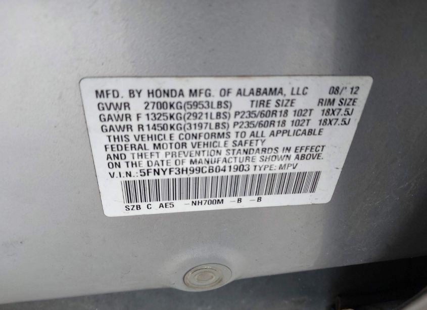 Photo 9 of 2012 Honda Pilot TOURING (VIN 5FNYF3H99CB041903)