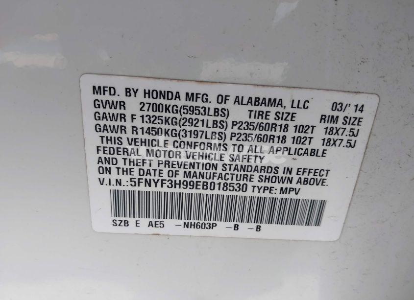 Photo 9 of 2014 Honda Pilot TOURING (VIN 5FNYF3H99EB018530)