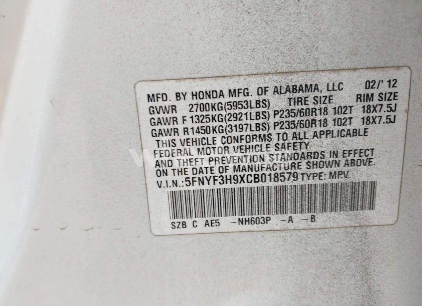 Photo 9 of 2012 Honda Pilot TOURING (VIN 5FNYF3H9XCB018579)