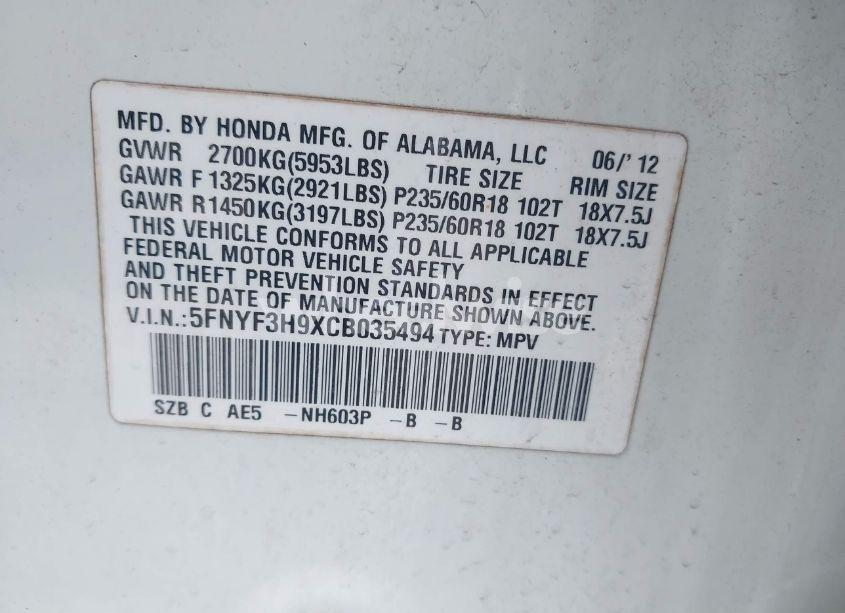 Photo 9 of 2012 Honda Pilot TOURING (VIN 5FNYF3H9XCB035494)