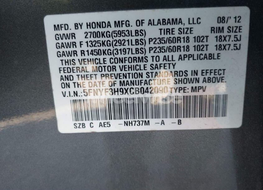 Photo 9 of 2012 Honda Pilot TOURING (VIN 5FNYF3H9XCB042090)