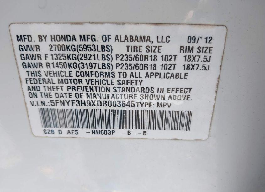 Photo 9 of 2013 Honda Pilot TOURING (VIN 5FNYF3H9XDB003646)