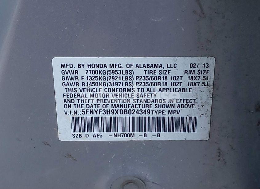 Photo 9 of 2013 Honda Pilot TOURING (VIN 5FNYF3H9XDB024349)