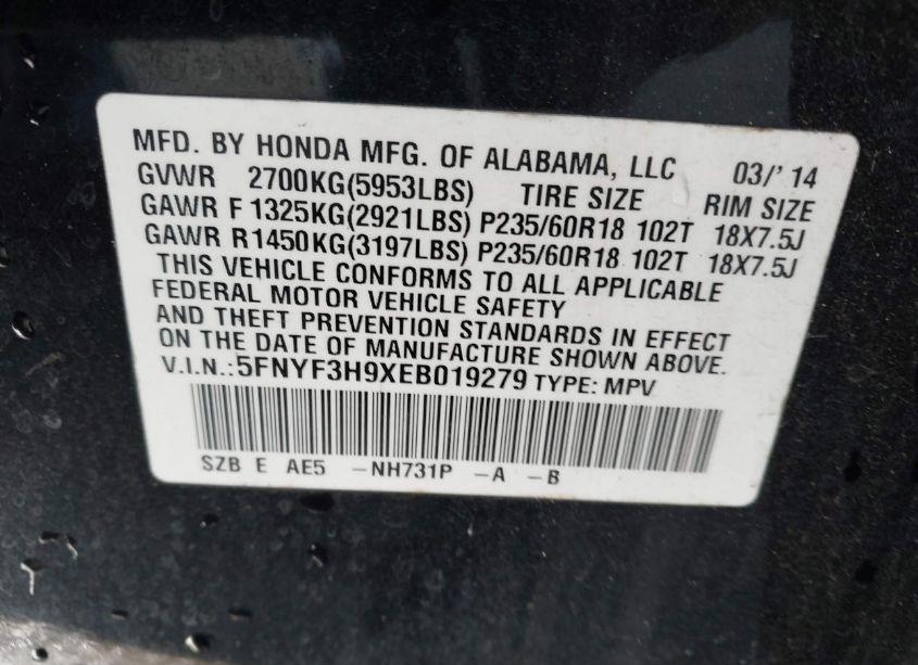 Photo 9 of 2014 Honda Pilot TOURING (VIN 5FNYF3H9XEB019279)