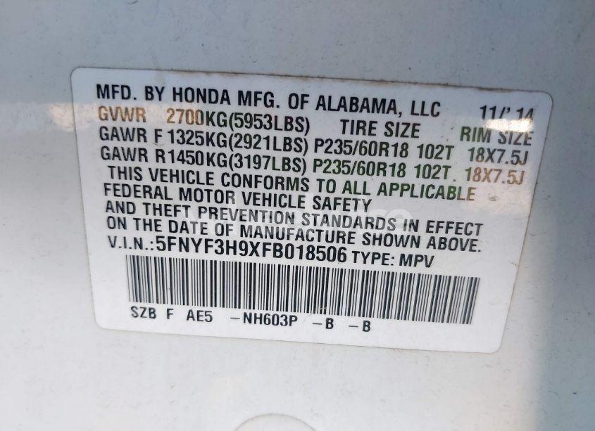 Photo 9 of 2015 Honda Pilot TOURING (VIN 5FNYF3H9XFB018506)