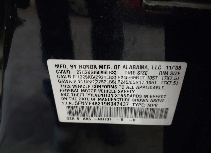 Photo 9 of 2009 Honda Pilot LX (VIN 5FNYF48219B047437)