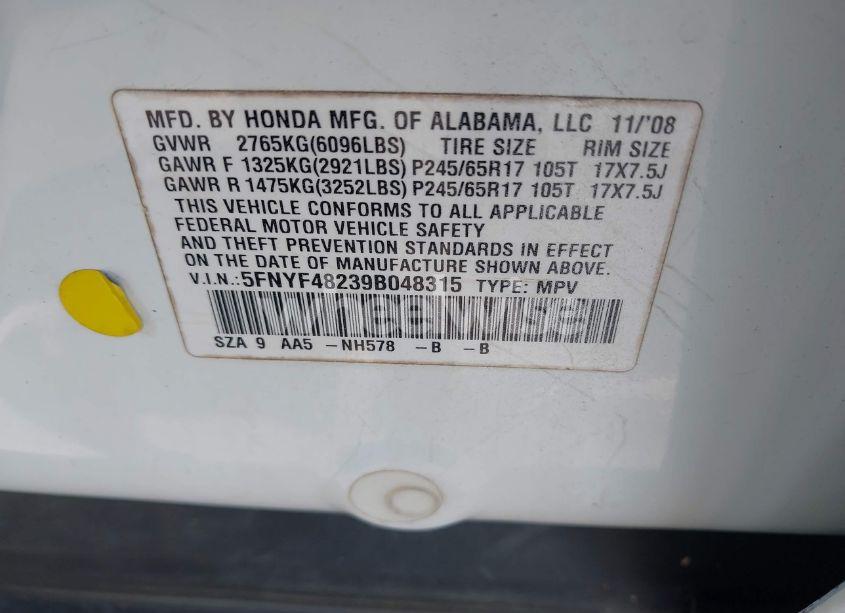 Photo 9 of 2009 Honda Pilot LX (VIN 5FNYF48239B048315)