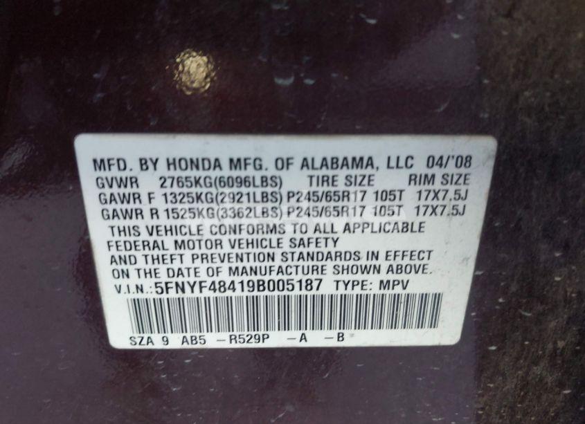 Photo 9 of 2009 Honda Pilot EX (VIN 5FNYF48419B005187)