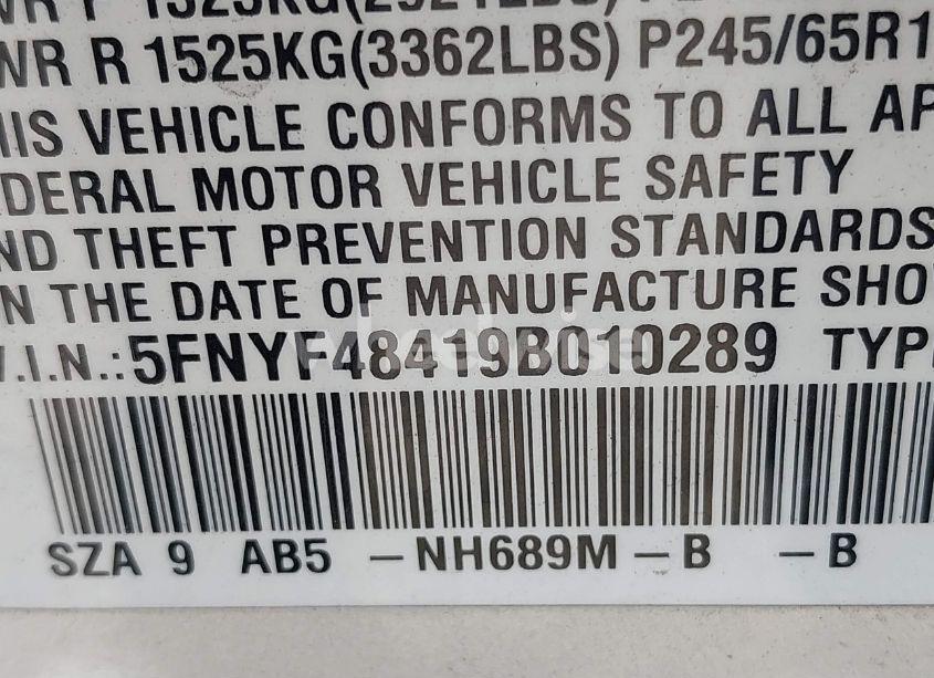 Photo 9 of 2009 Honda Pilot EX (VIN 5FNYF48419B010289)