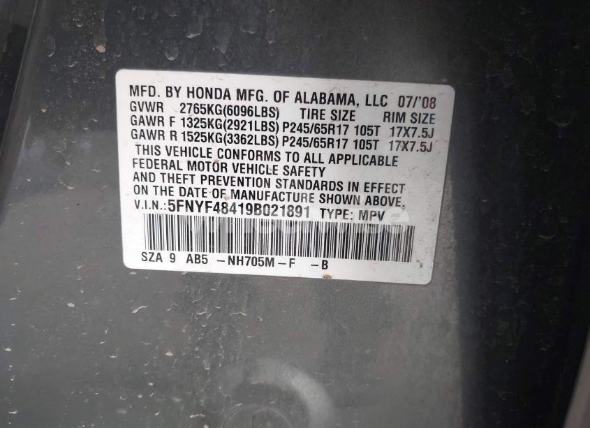 Photo 9 of 2009 Honda Pilot EX (VIN 5FNYF48419B021891)