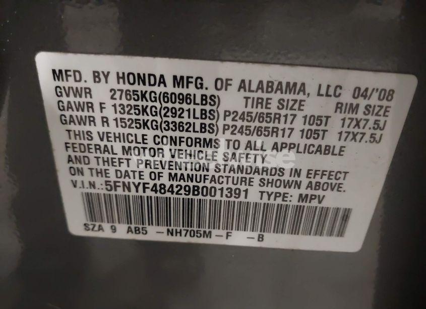 Photo 9 of 2009 Honda Pilot EX (VIN 5FNYF48429B001391)