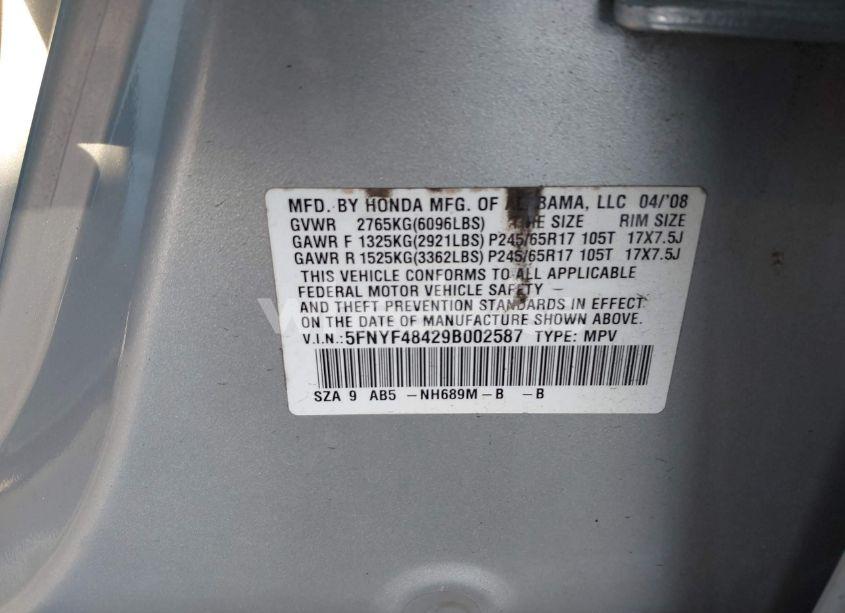 Photo 9 of 2009 Honda Pilot EX (VIN 5FNYF48429B002587)