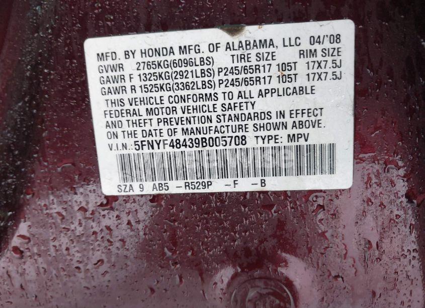 Photo 9 of 2009 Honda Pilot EX (VIN 5FNYF48439B005708)