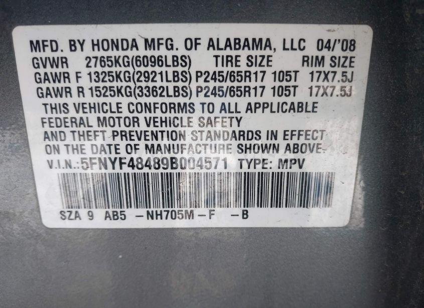 Photo 9 of 2009 Honda Pilot EX (VIN 5FNYF48489B004571)