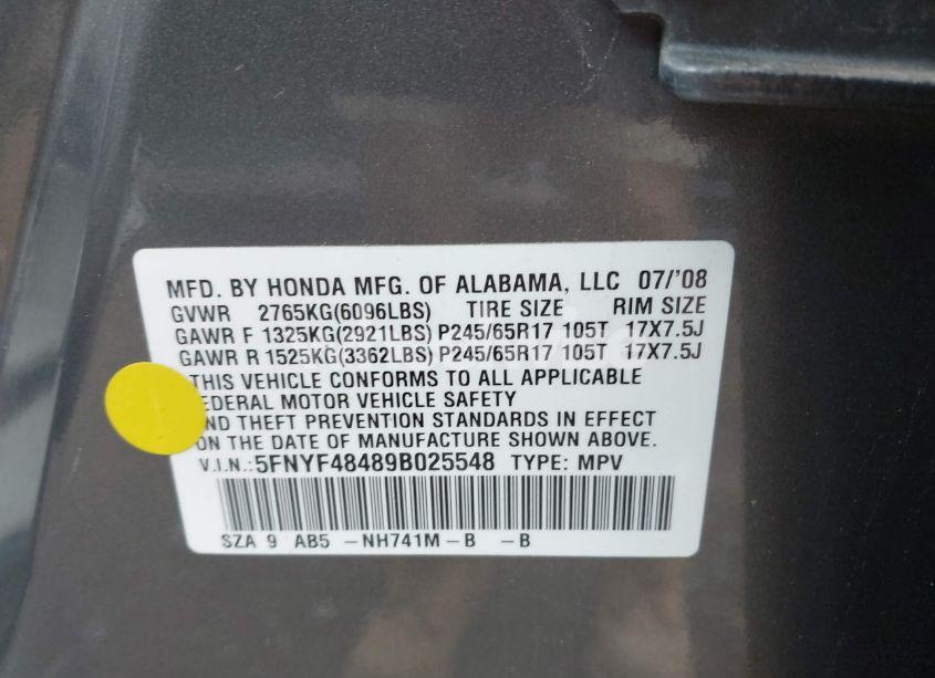 Photo 9 of 2009 Honda Pilot EX (VIN 5FNYF48489B025548)