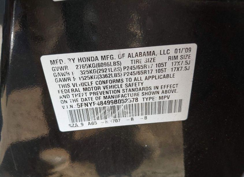 Photo 9 of 2009 Honda Pilot EX (VIN 5FNYF48499B052578)