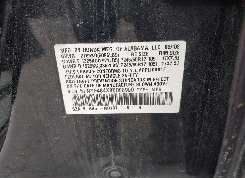 Photo 9 of 2009 Honda Pilot EX (VIN 5FNYF484X9B008900)